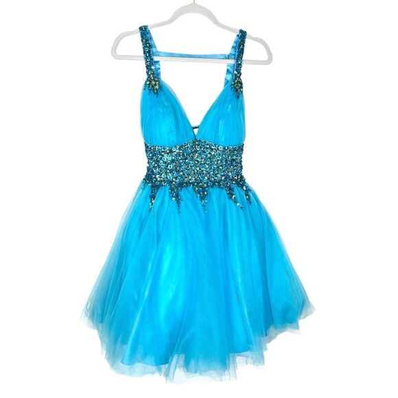Sherri Hill Dress sz 4 Turquoise blue Sequins V Neck Mini Tulle Open Back Short - Picture 3 of 16